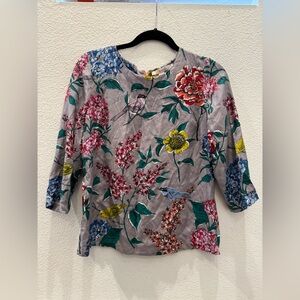 Boden botanical bird print grey silk-blend blouse w/ colorful floral &bird print